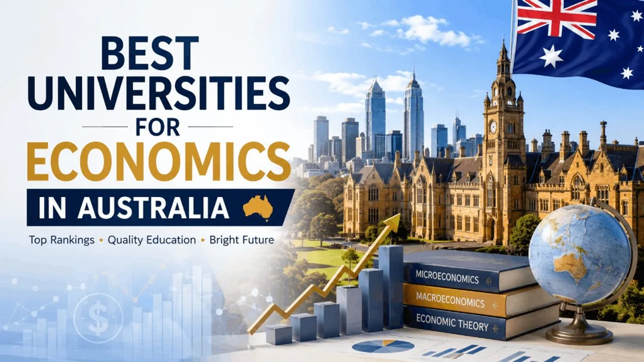 Economics textbooks, growth chart, and Australian university skyline — best universities for economics in Australia guide for students