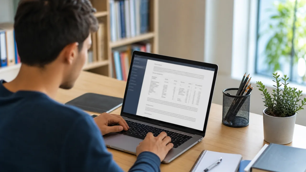 Student viewing an academic transcript and student portal grades on a laptop at a study desk
