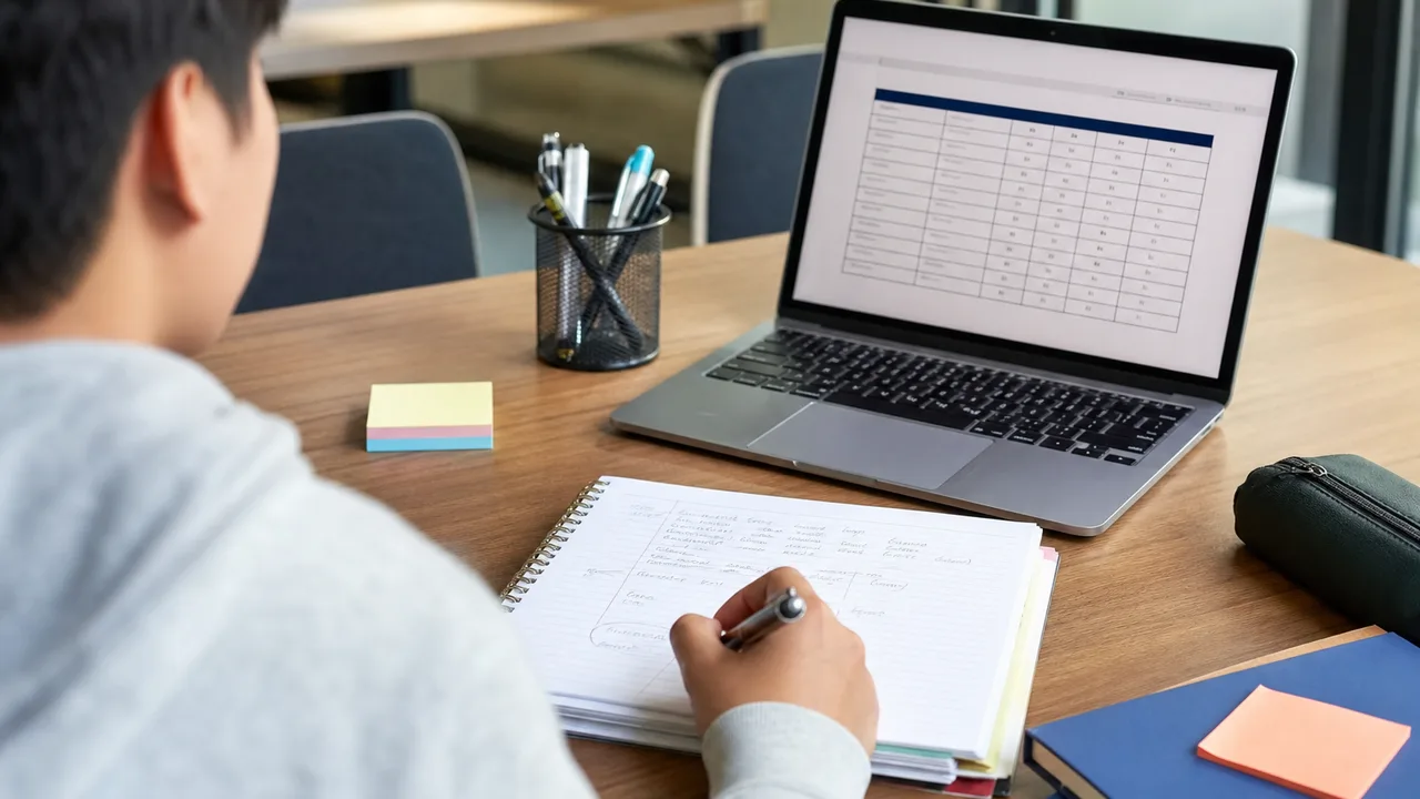 Student reviewing unit credit points and marks in a notebook beside a laptop at a university study desk
