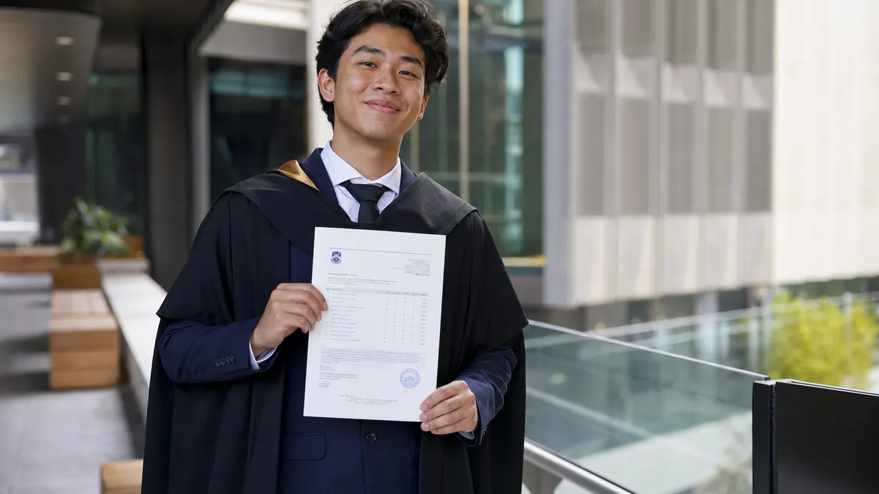 Uni university graduate on campus holding an academic transcript after achieving distinction-level results