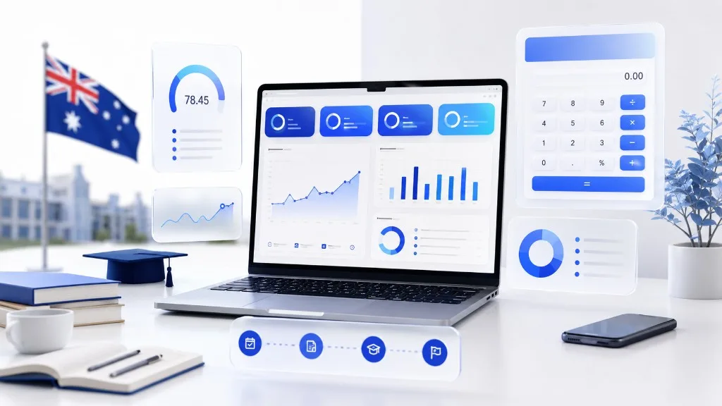 Uni student workspace with WAM calculator dashboard, academic charts, and Australian university setting